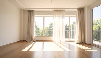Fototapeta premium Bright empty room with large windows and wooden floor natural light