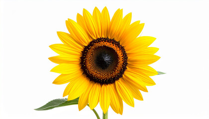 Fototapeta premium A solitary, cheerful sunflower radiates natural beauty with its bright yellow petals and dark seed head, perfectly captured against a clean white backdrop, evoking feelings of summer's warmth