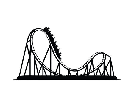 A black and white illustration of a roller coaster in motion on a plain background