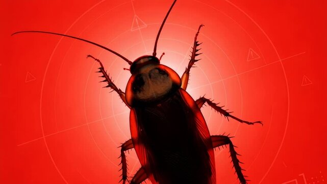 Cockroaches on red background with warning signs. Pest infestation concept for extermination service. Insect control and disinfection.