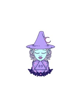rise and float animation of Retro Tattoo Style elf mage character with natural twenty dice roll