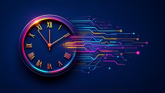 Futuristic clock with circuit board design and neon lights on blue background