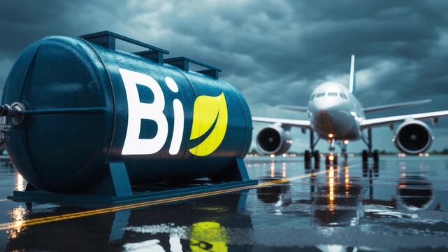 A fuel tank labeled 'Bi' on a rainy airport runway with a plane in the background.