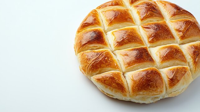 Freshly baked round bread with a golden crust, detailed sco pattern, soft interior visible, and a light background emphasizing texture and warmth
