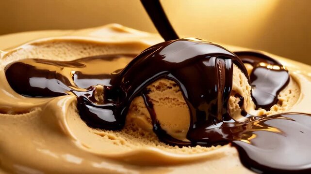 Medium framing of dark chocolate fudge streams elegantly injected into flowing ice cream crafting thick glossy ribbons that blend indulgently.