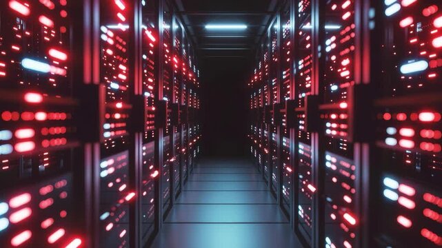 A hallway of data servers illuminated with red and blue lights.