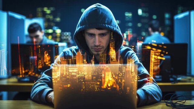 A focused individual coding at a laptop, illuminated by city lights at night.