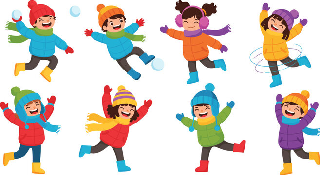 Cute winter kids character icon set featuring happy children playing in snow, wearing warm clothes, scarves, hats, and joyful poses in flat vector style