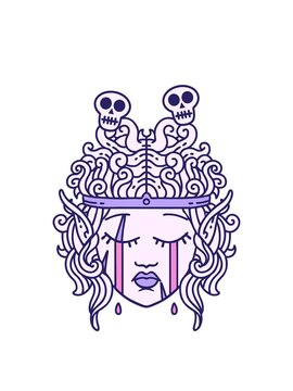 spinning skulls animation of Retro Tattoo Style crying elf barbarian character face