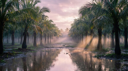 Experience the tranquility of a misty morning in a lush palm tree landscape. Soft rays of sunlight filter through the trees, reflecting off the calm water. Ideal for projects requiring a serene and pe