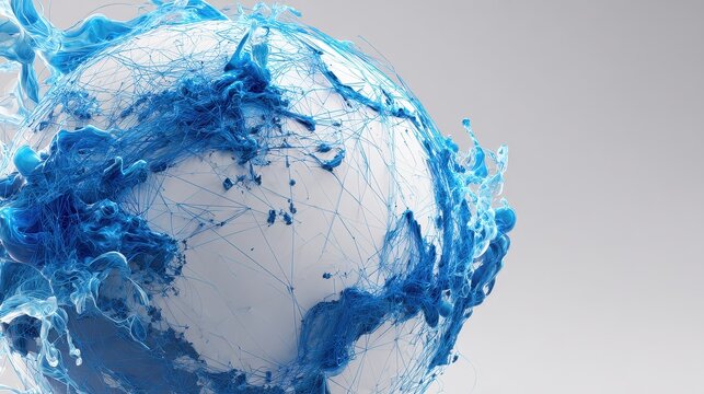 Minimal white background 3D globe formed by blue network paths clean modern illustration for international digital services and connectivity. 