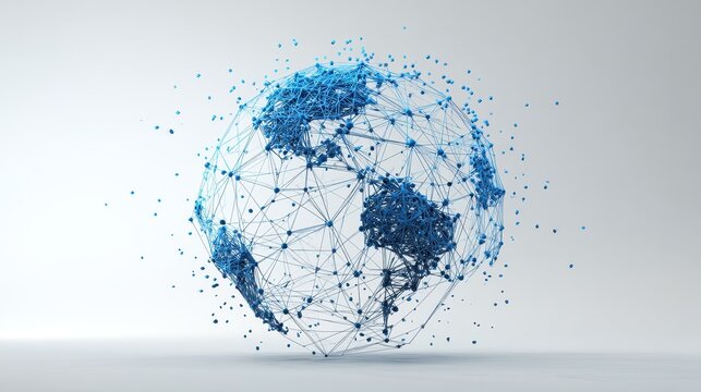Minimal white background 3D globe formed by blue network paths clean modern illustration for international digital services and connectivity. 