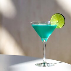 Refreshing Green Cocktail with Lime Slice on White Table