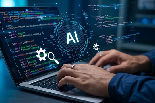 AI coding tool. Assisting software development and automating tasks. Programmer using AI to generate code for creating applications on laptop.