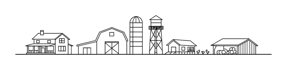 Minimalist farm skyline: barns, silo, water tower, chickens, and hay bales