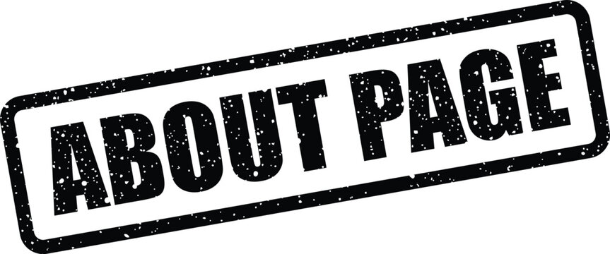 Rough textured black rubber stamp displaying the words ABOUT PAGE, ideal for website introductions or profile sections