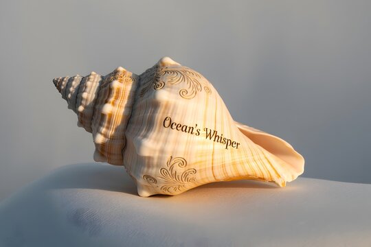 Large seashell with Oceans Whisper text on sandy surface