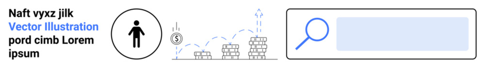 Obraz premium Financial growth, business analytics, economic planning, data visualization, online solutions, search tools. Person icon next to chart and search bar. Financial growth and business analytics concept