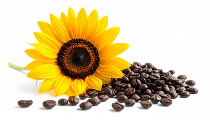 Bright yellow sunflower with rich coffee beans, a natural still life evoking freshness and invigorating aroma for a delightful start