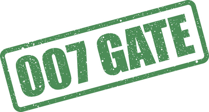 Slanted rectangular stamp showing 007 GATE with a worn out, speckled texture, suitable for security concepts