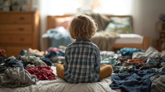 Faceless child with curly hair wearing plaid shirt sits on bed surrounded by colorful clothes, contemplating outfit selection in a bright, clean kids' bedroom interior