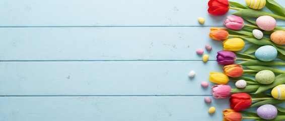 Fototapeta premium Spring celebration with colorful tulips and easter eggs on light blue background festive atmosphere photography seasonal joy