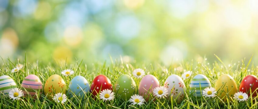 Colorful easter eggs displayed on lush green grass under bright sunshine celebrating spring festivities in a natural outdoor setting vibrant scene for family gatherings