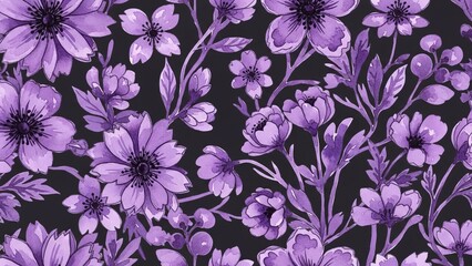 A beautiful floral pattern featuring flowers and leaves on a dark background from a close-up viewpoint