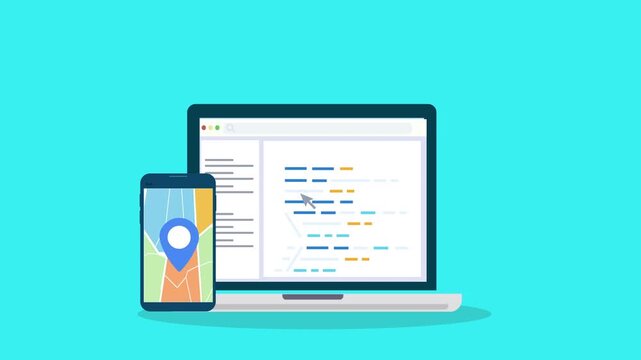 Laptop displaying programming interface with smartphone map navigation icon, representing navigation application development and digital technology workflow.
