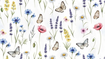 Fototapeta premium Delicate butterflies flutter among colorful wildflowers in a serene meadow scene illustration