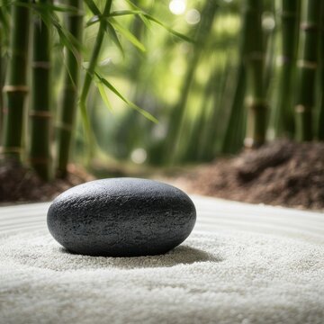 Single Black Zen Stone on White Raked Sand with Bamboo Forest Background and Soft Natural Light