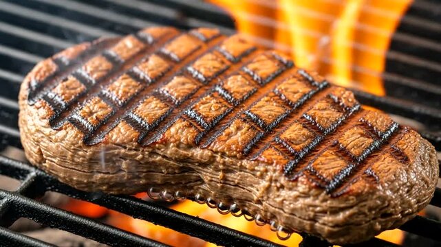 Grilled Steak Cooking on Barbecue Grill.