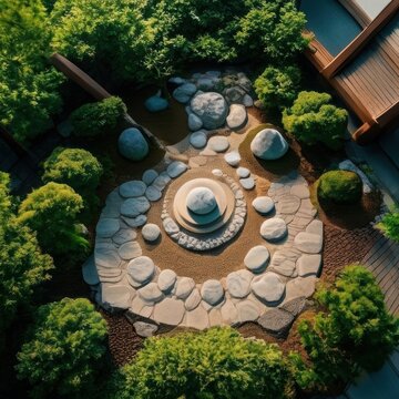 Top View of Geometric Zen Rock Garden with Circular Stone Arrangement and Natural Balance Design