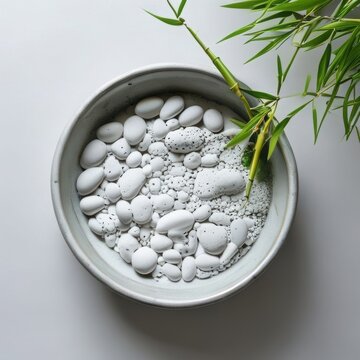 Minimal Zen Still Life with White Stones in Ceramic Bowl and Bamboo Leaves on Clean Background