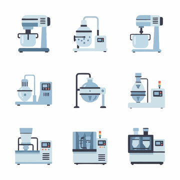 Collection of various industrial mixers and blenders for food and chemical processing.