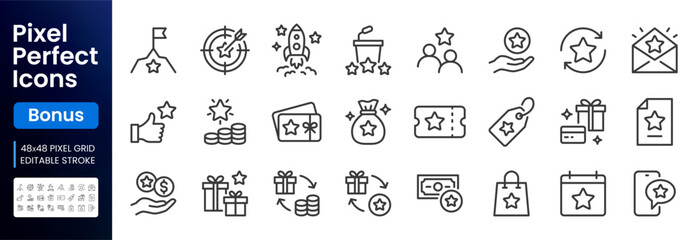 Fototapeta na wymiar Bonus line icon set. Benefit gift, exclusive reward, star VIP award, ticket minimal vector illustrations. Simple outline signs, loyalty premium membership program. 48x48 Pixel Perfect Editable Stroke