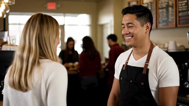 Friendly Barista Interacting With Customer In Coffee Shop.