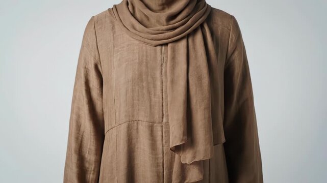 A modest brown abaya with a draped hijab is presented. This elegant Islamic attire offers a sophisticated and graceful look.