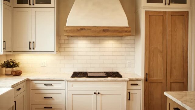 A modern kitchen features white cabinets and a rustic wooden range hood. The clean design offers a bright and inviting cooking space.