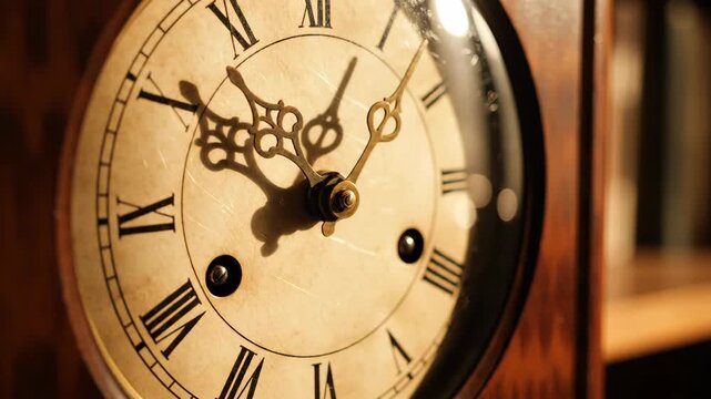 Close up of an antique grandfather clock face with Roman numerals.