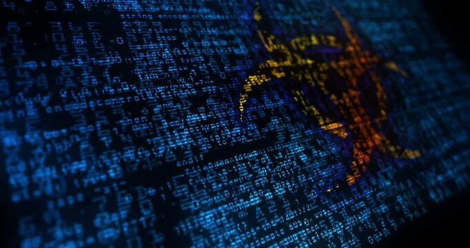 Biohazard flag waving secure code. Virus and biological risk blowing banner cyber security attack and hack concept animation.