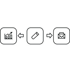 Circular Business Process Diagram Horizontal trio icons graph write mail. Icons connected by bidirectional