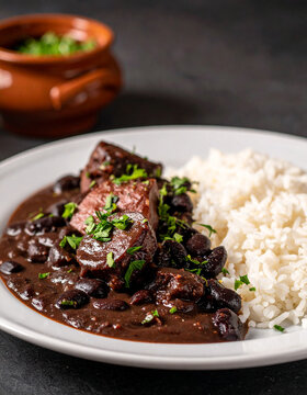 Brazilian feijoada served with white rice, black bean stew with beef, national cuisine. Tasty food.