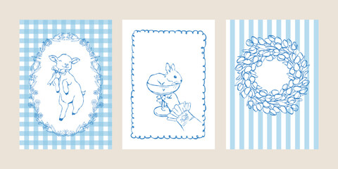 Easter invitation templates. A vintage set of Easter greeting cards featuring hand-drawn illustrations of a floral wreath, bunny, and baby goat in soft pastel blue tones with retro patterns. Vector © Anastasiia