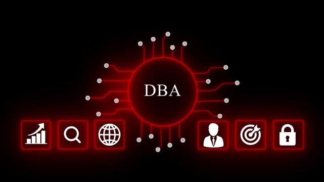Dynamic D B A Database Administration Concept with Glowing Circuit and Business DBA concept glowing circuit business technology background