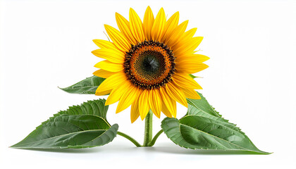 Obraz premium Vibrant and radiant sunflower displaying its bright yellow petals and fresh green leaves, beautifully isolated on a clean white background, capturing the pure essence of nature's summer charm