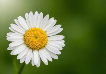 Obraz premium A vibrant close-up of a single white daisy bloom with bright yellow center, set against a soft, natural green background under daylight, plant, bright, outdoor