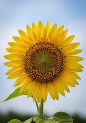 Naklejka premium Bright yellow sunflower blooming under the summer sky. Detailed close-up of petals and seeds, representing warmth and energy, pollen, decoration, happiness