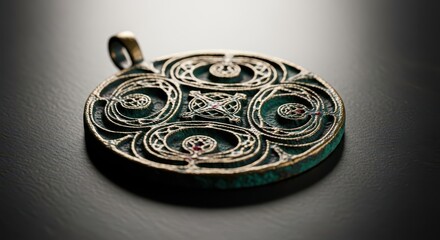 Close up macro shot of an intricate, detailed bronze pendant with antique patina, resting on a neutral, dark surface, reflection, metal, patina