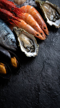 Assorted fresh seafood with oysters, shrimp, mussels, and fish